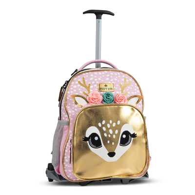 The three-quarter front view of the pink polka-dot Totem trolley backpack with a gold deer face pocket and floral detail.