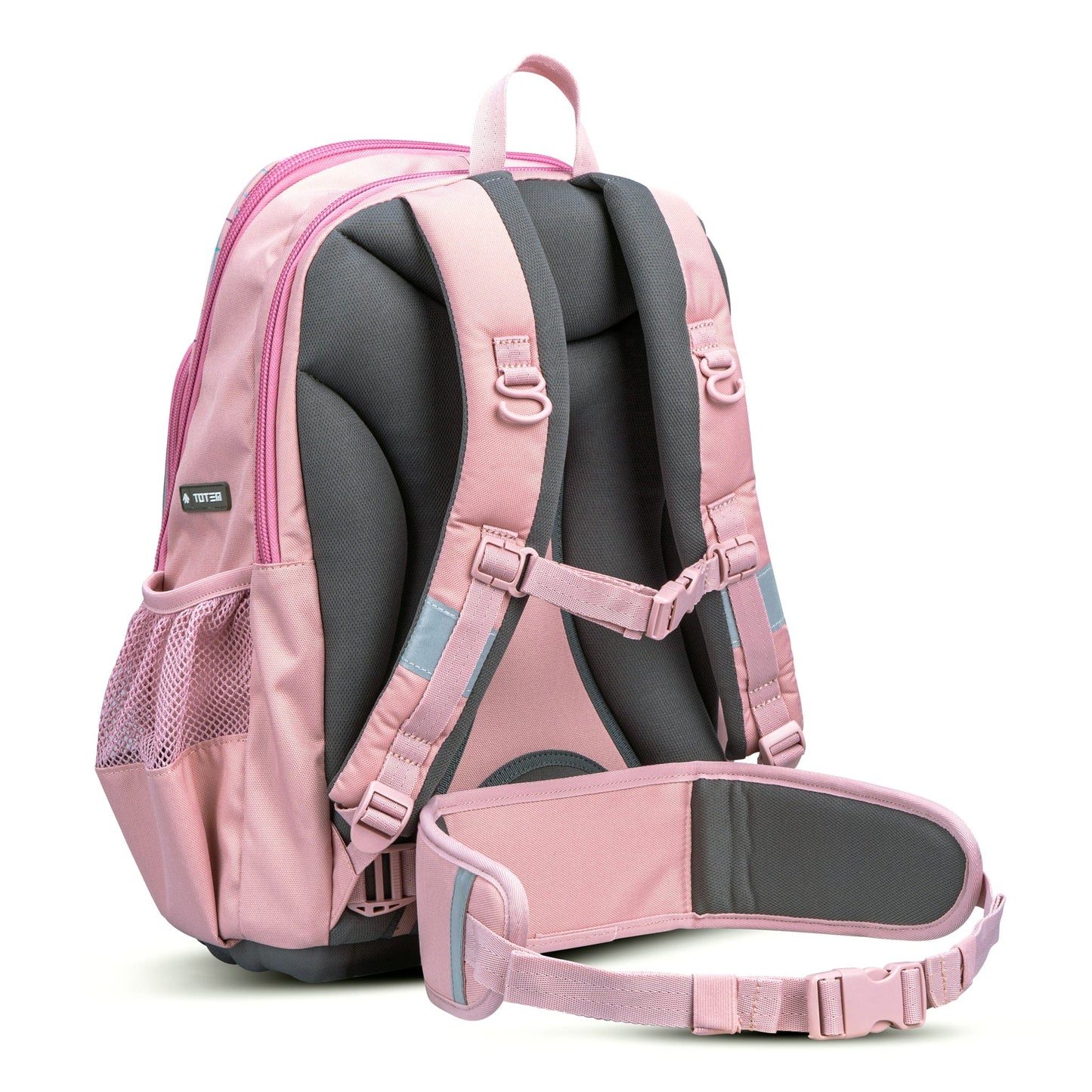 An angled rear view of the pink totem school bag, featuring padded ergonomic shoulder straps and a cushioned back panel.