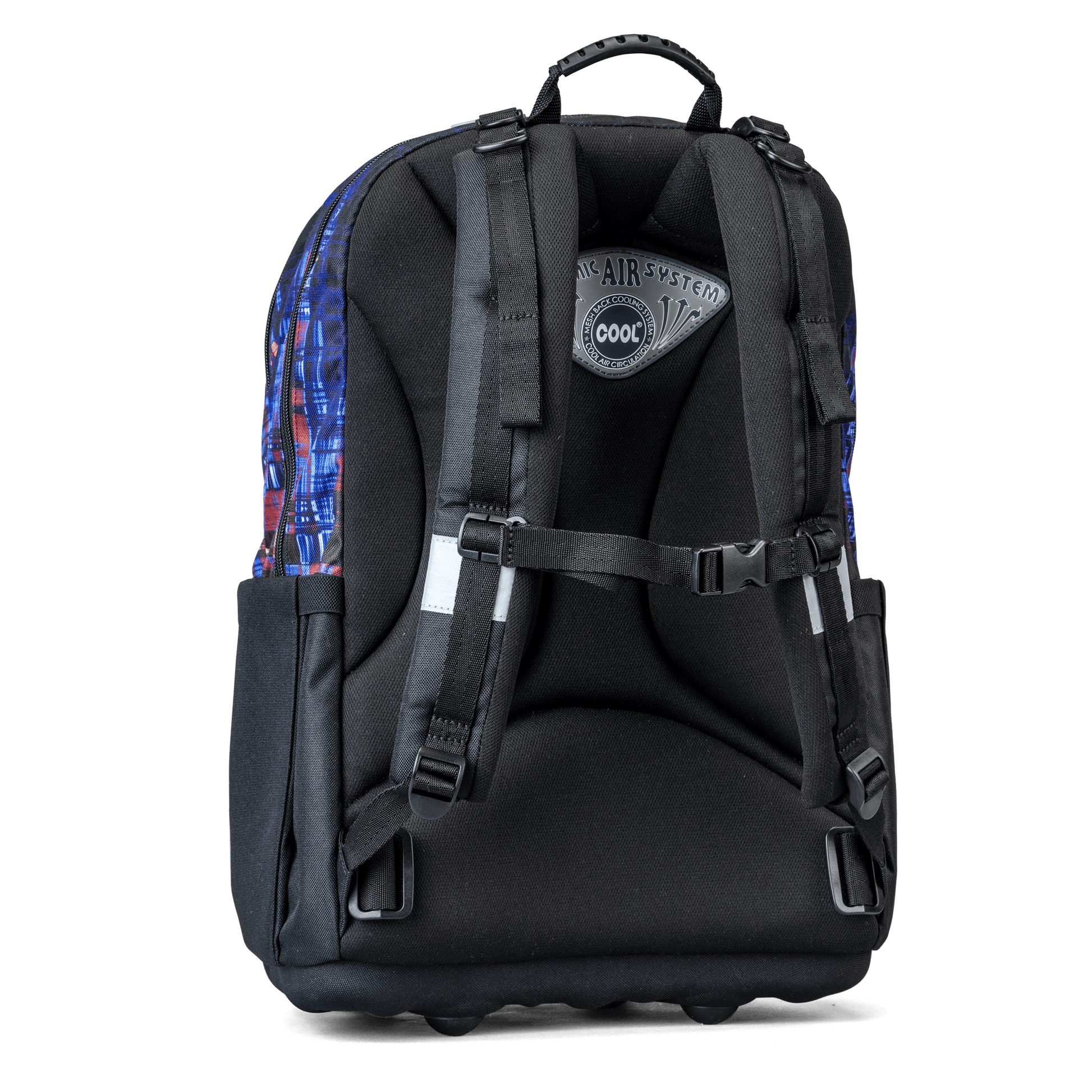 An orthopaedic school bag back view with a padded COOL Air System panel, adjustable straps and sternum clip.