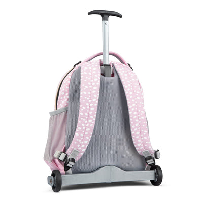 The back view of the pink polka-dot Totem trolley backpack with padded straps and a telescopic handle extended.