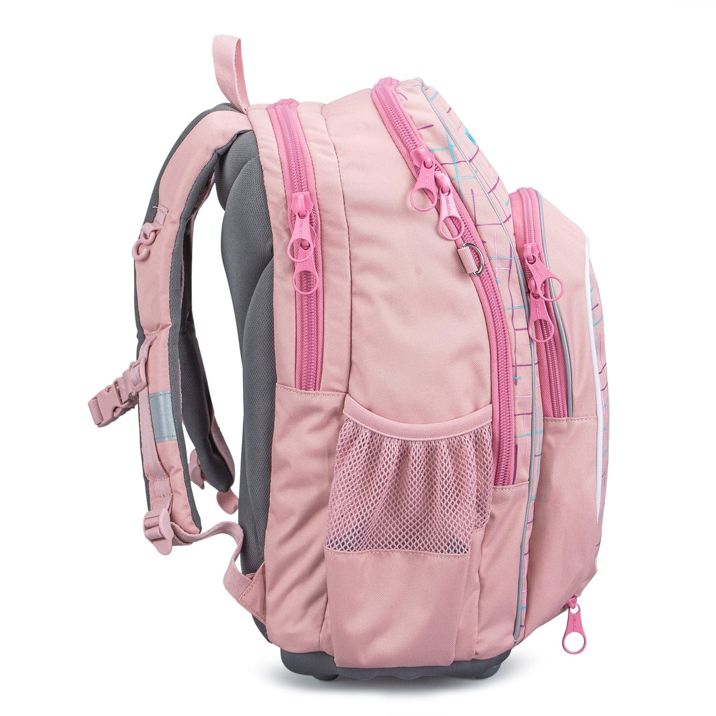 A side profile of the pink Totem school bag, highlighting its multiple zippered compartments and padded shoulder straps.