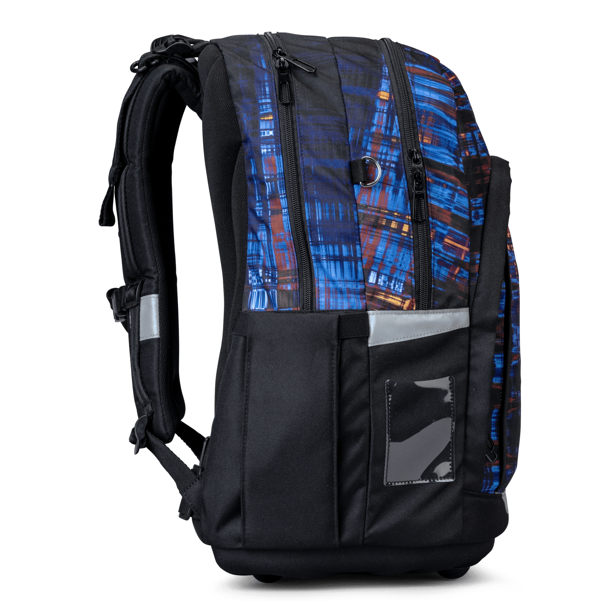 Side view of a Totem school backpack, with blue graphic panels, a side pocket and reflective tabs.