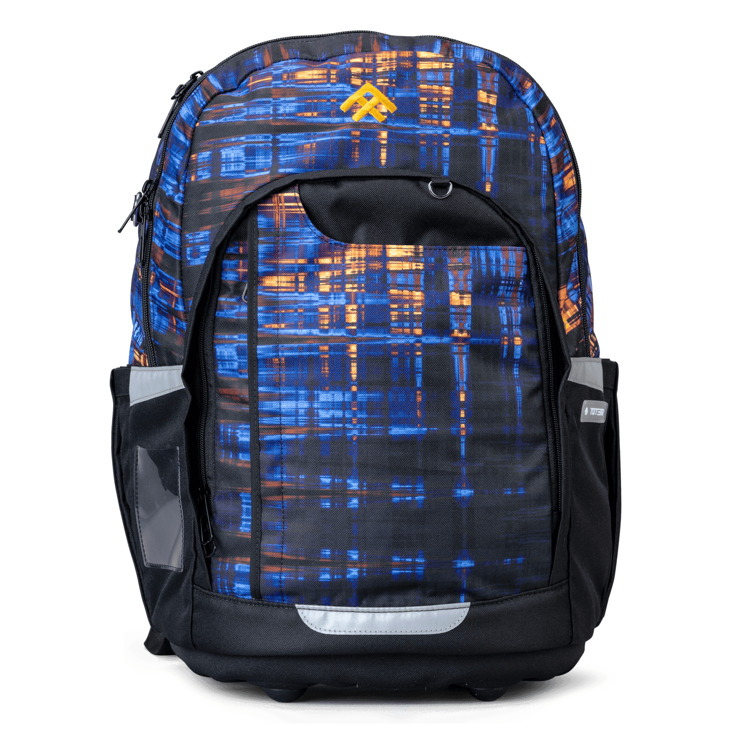 A blue-orange and black orthopaedic school bag front with a large pocket, reflective trims and an abstract grid print.