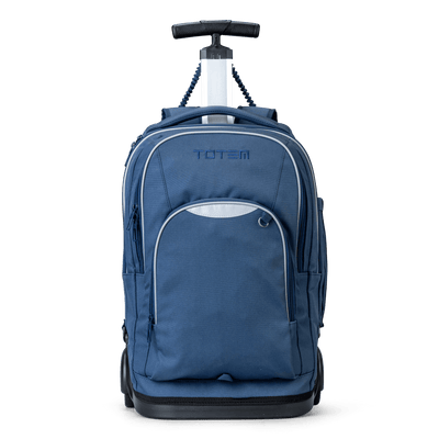 A front view of a Navy trolley bag with wheels and a handle that also has shoulder holders so that you can carry it on your back.