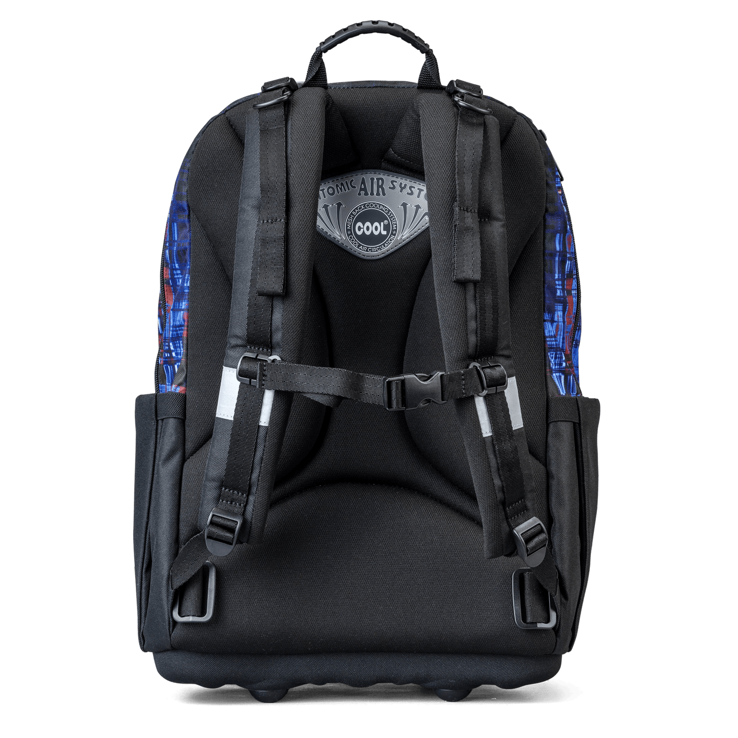 Rear view of an ergonomic hardbody Totem school bag, with shoulder, back padding and a sternum strap.