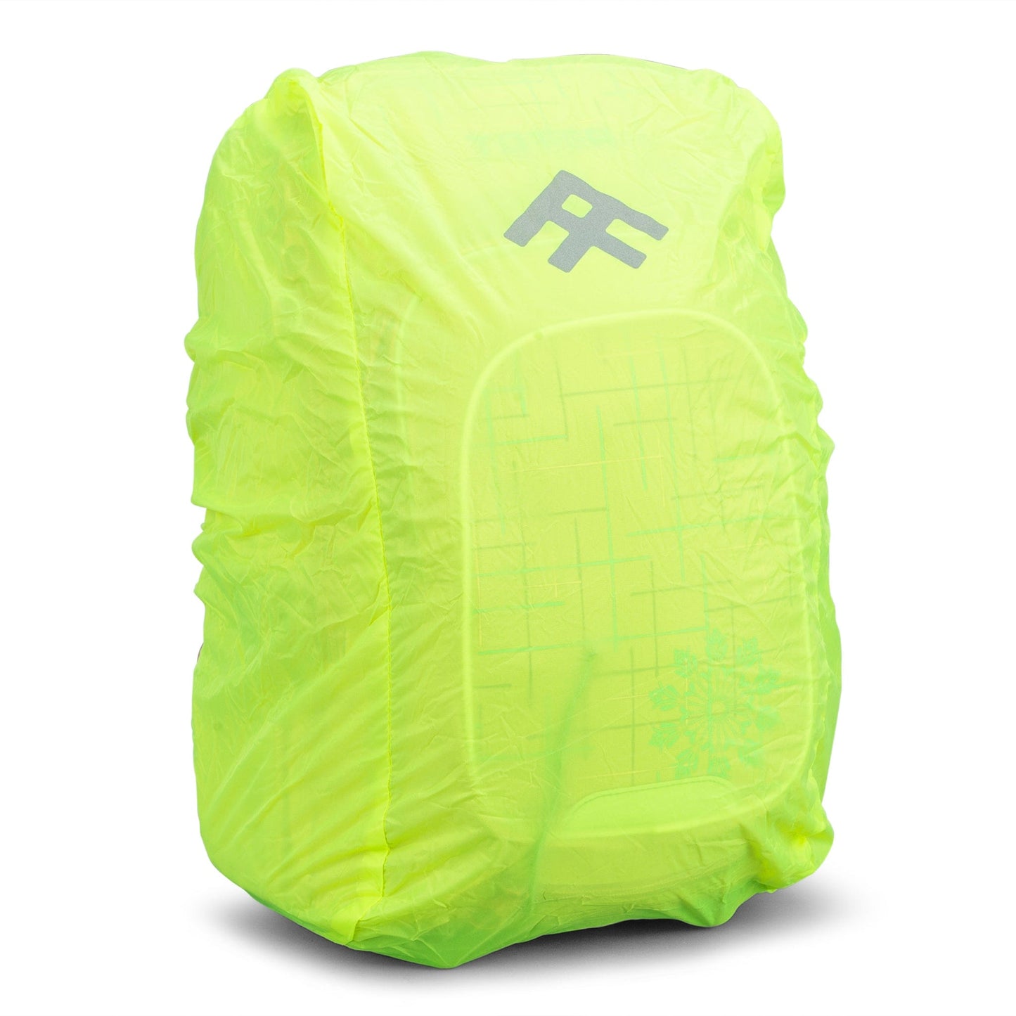 A neon yellow waterproof rain cover with a reflective logo, fitted snugly over a Totem school bag for visibility.