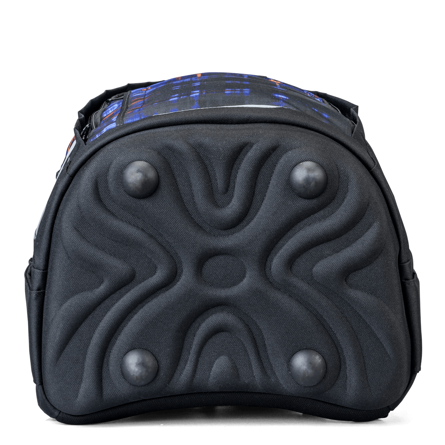 A black Totem school bag base with moulded wave-pattern padding and four protective feet for stability.