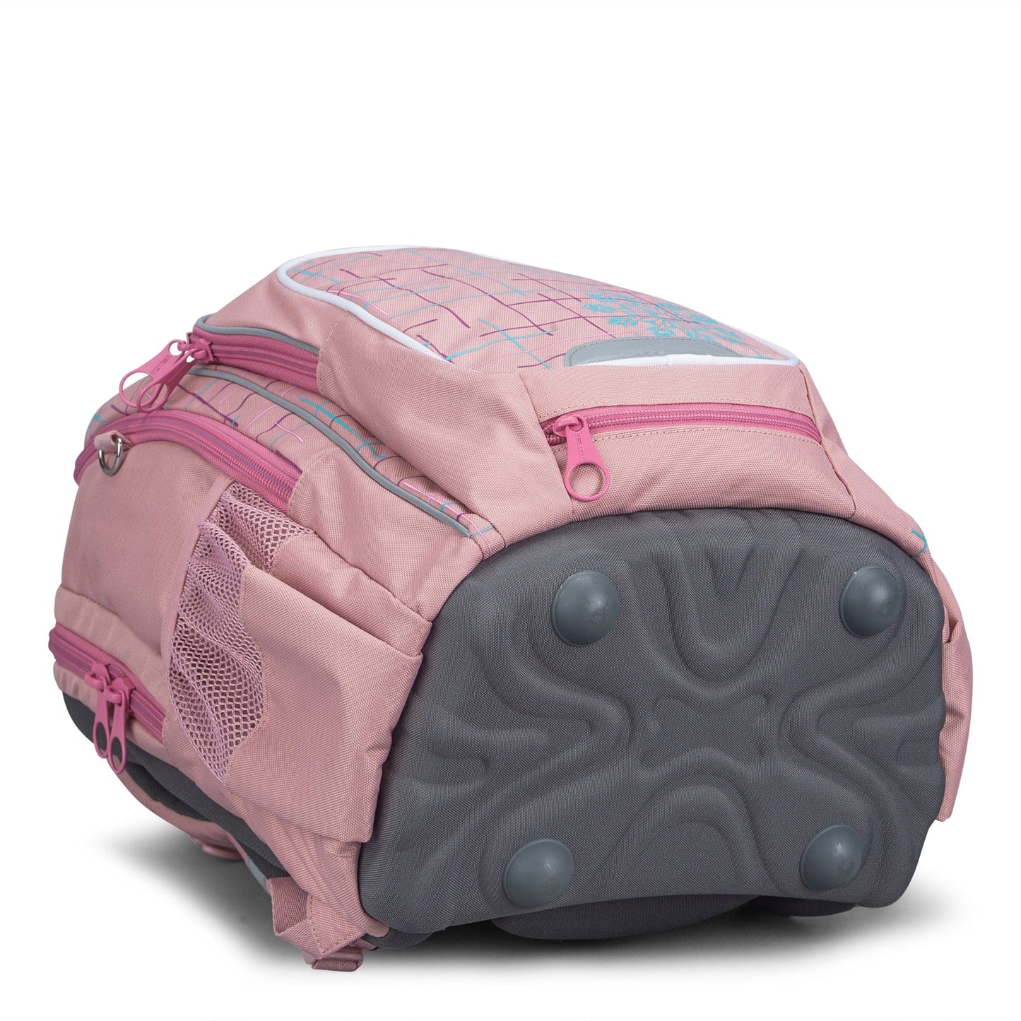 A close-up of the base of a pink Totem trolley school bag, featuring a sturdy grey moulded bottom with four protective feet.