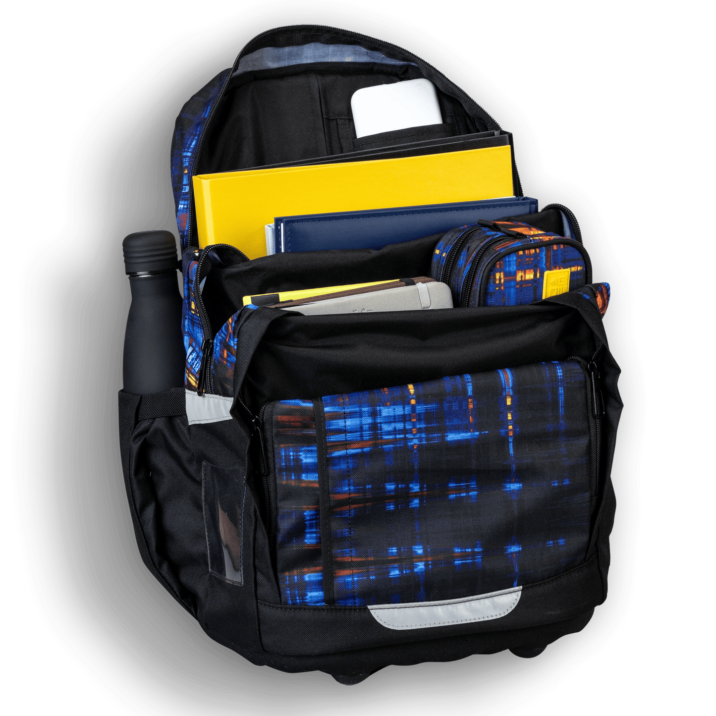 An open school bag in black with blue–orange panels, showing organised compartments and packed supplies.