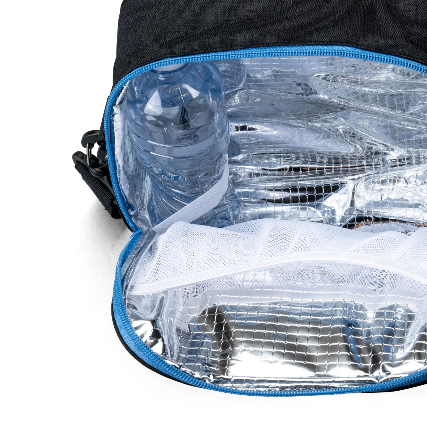 An insulated black Totem lunch bag featuring silver foil lining and a mesh pouch.