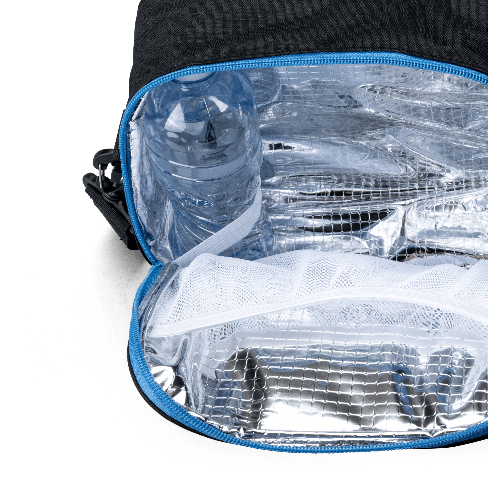 An insulated black Totem lunch bag featuring silver foil lining and a mesh pouch.