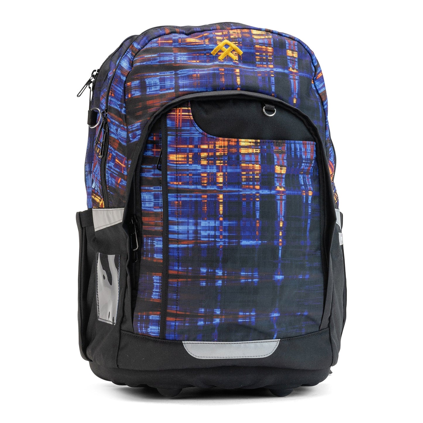 A black backpack with electric blue–orange grid print and grey reflectors — a  Totem school bag front view.