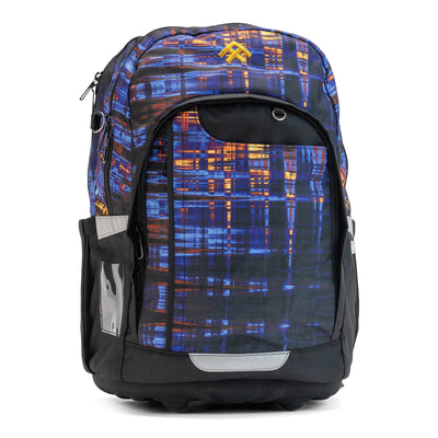 A black backpack with electric blue–orange grid print and grey reflectors — a  Totem school bag front view.