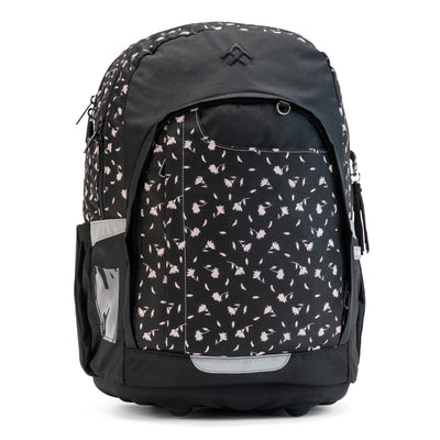 A black schoolbag with light pink floral print, front zip pocket, and reflective safety strips.