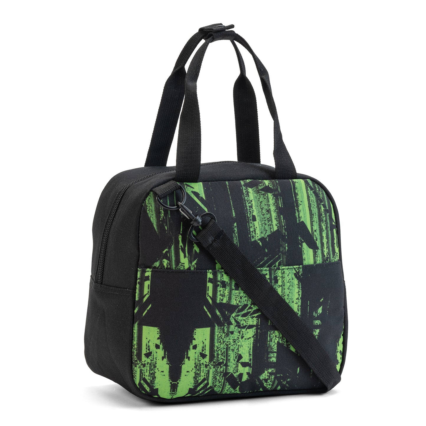 A black school lunch bag with neon-green graphic print, top handles and shoulder strap.