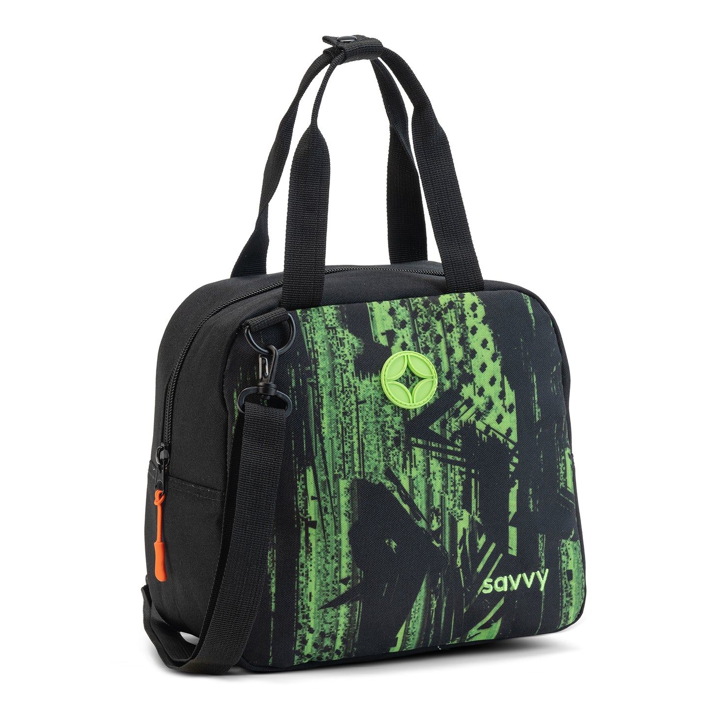 A compact lunch bag in green graphic print with handles and a strap.