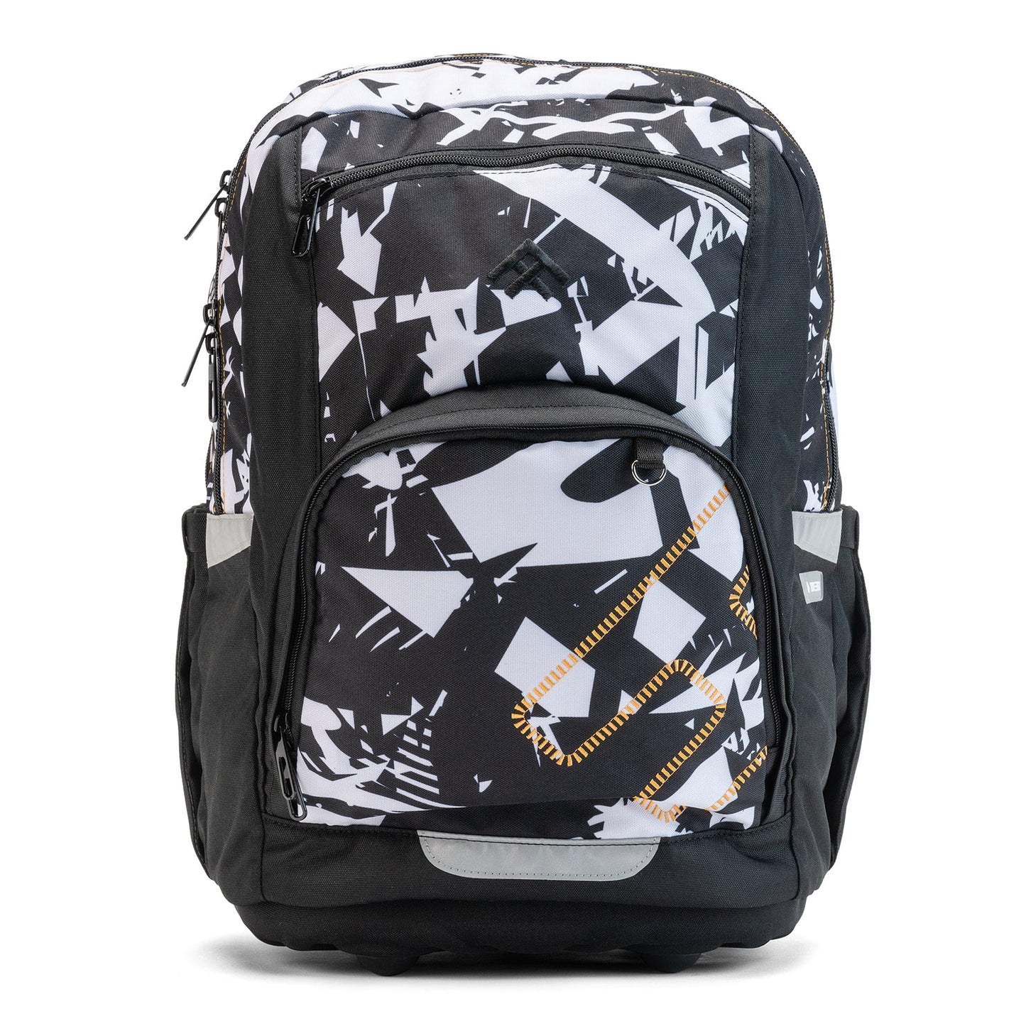An ergonomic school bag in monochrome graphic pattern with dual zips, front pocket and side pouches.