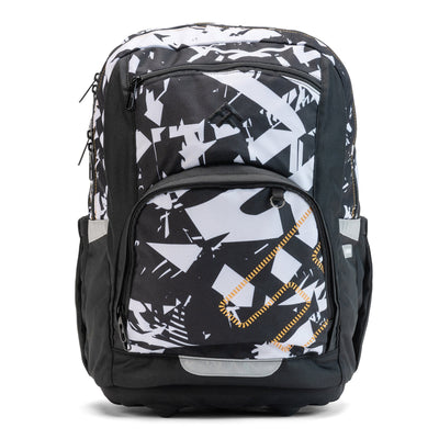 An ergonomic school bag in monochrome graphic pattern with dual zips, front pocket and side pouches.