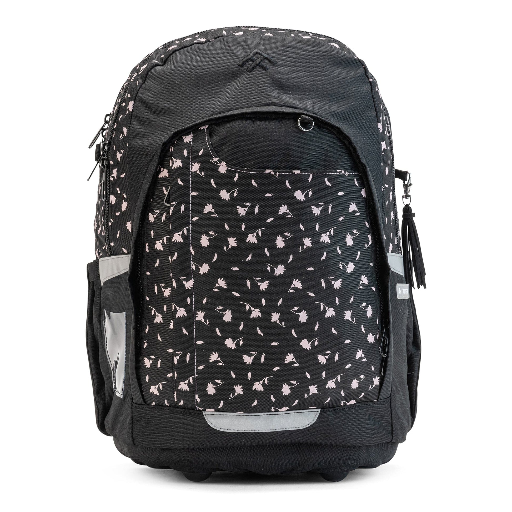 The front view of a black Totem floral school bag with reflective details, side pockets, and a top carry handle.