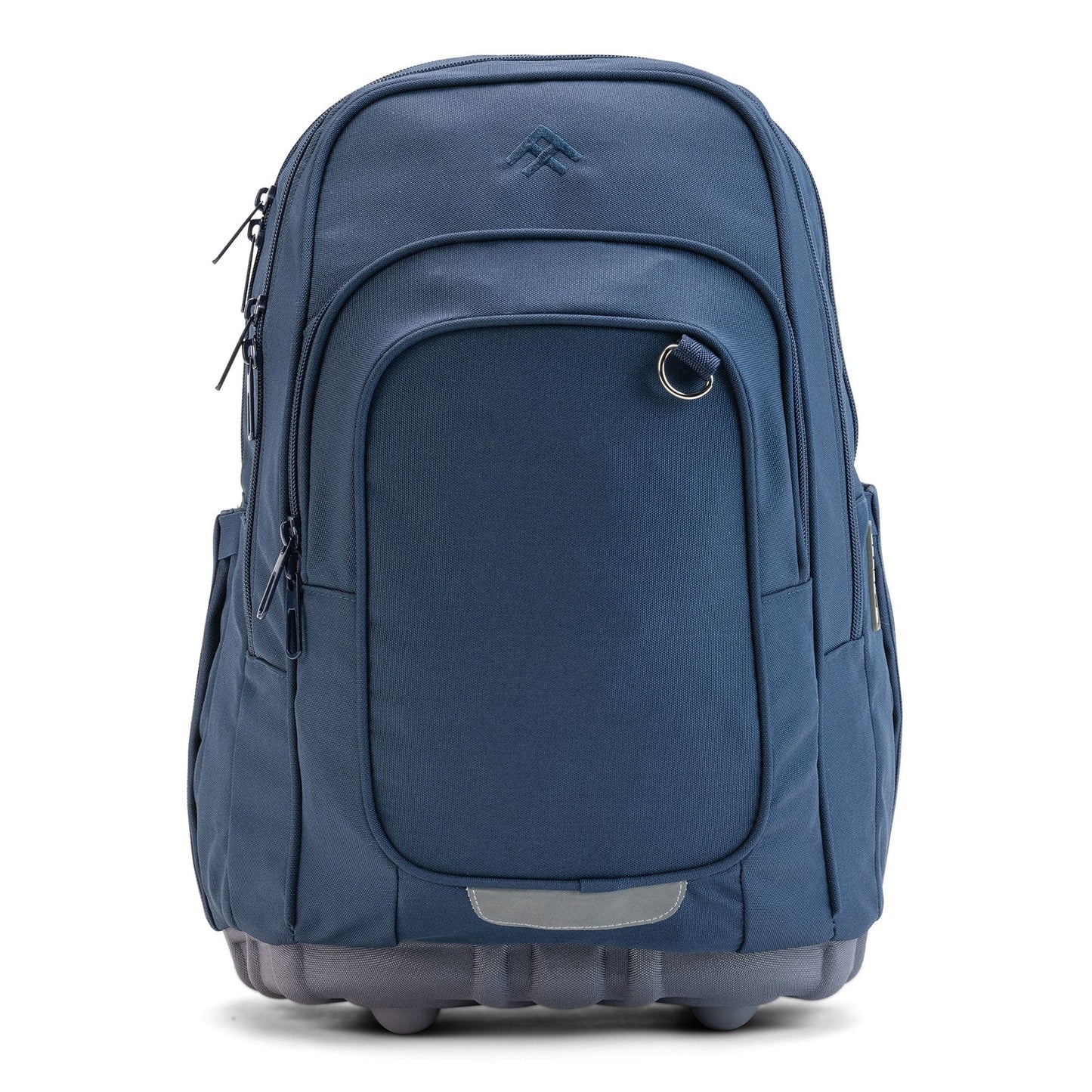 A navy Totem ergonomic school backpack, front view with multi-zip compartments, a D-ring, reflective tab and moulded base.