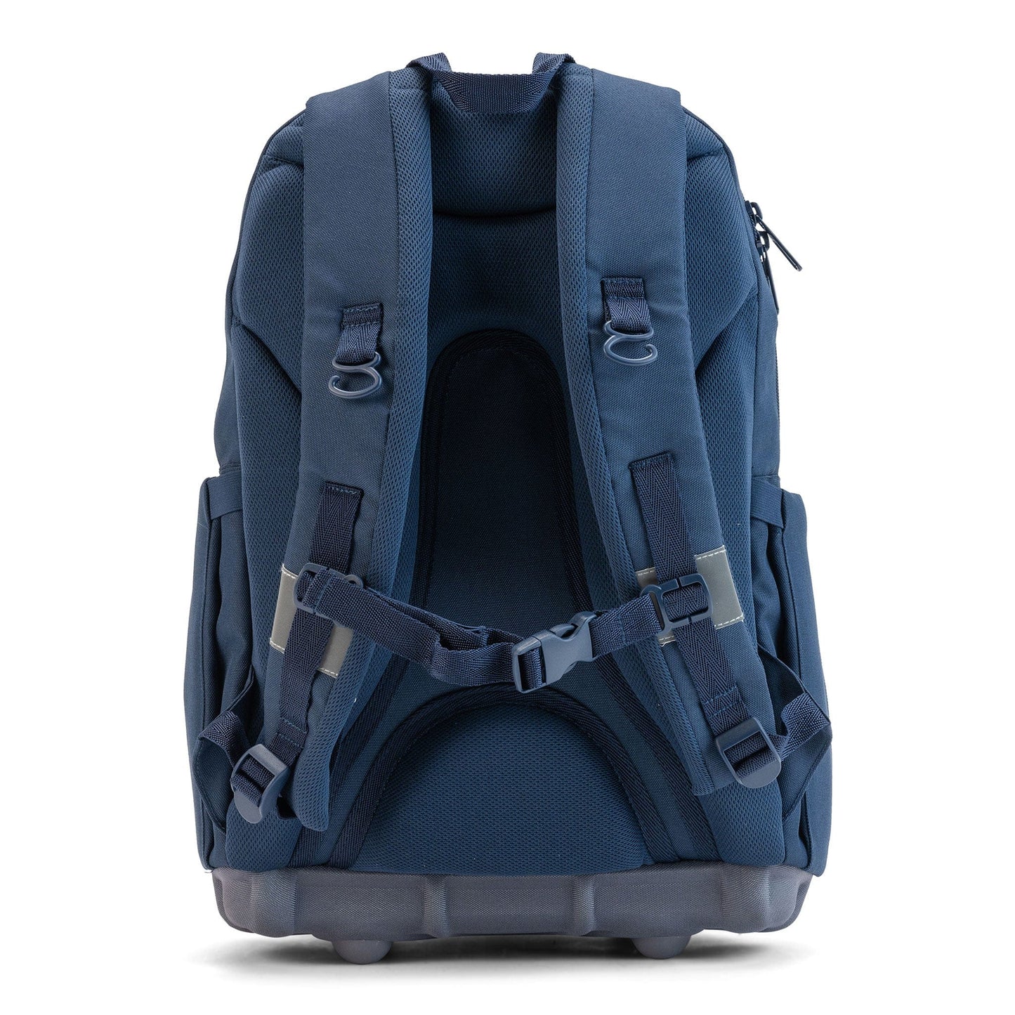 Back view of a navy Totem ergonomic school backpack with padded straps, sternum strap and airflow channel.