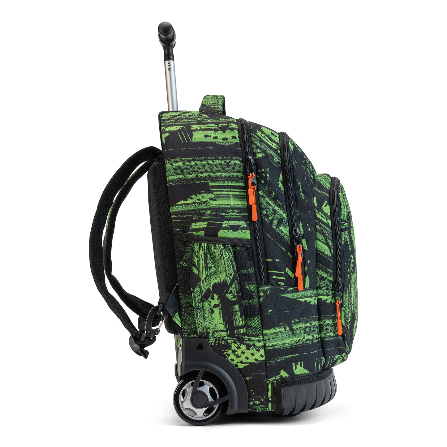 A rugged black roller school bag with twin wheels and a protector plate on a green-print school bag with wheels.