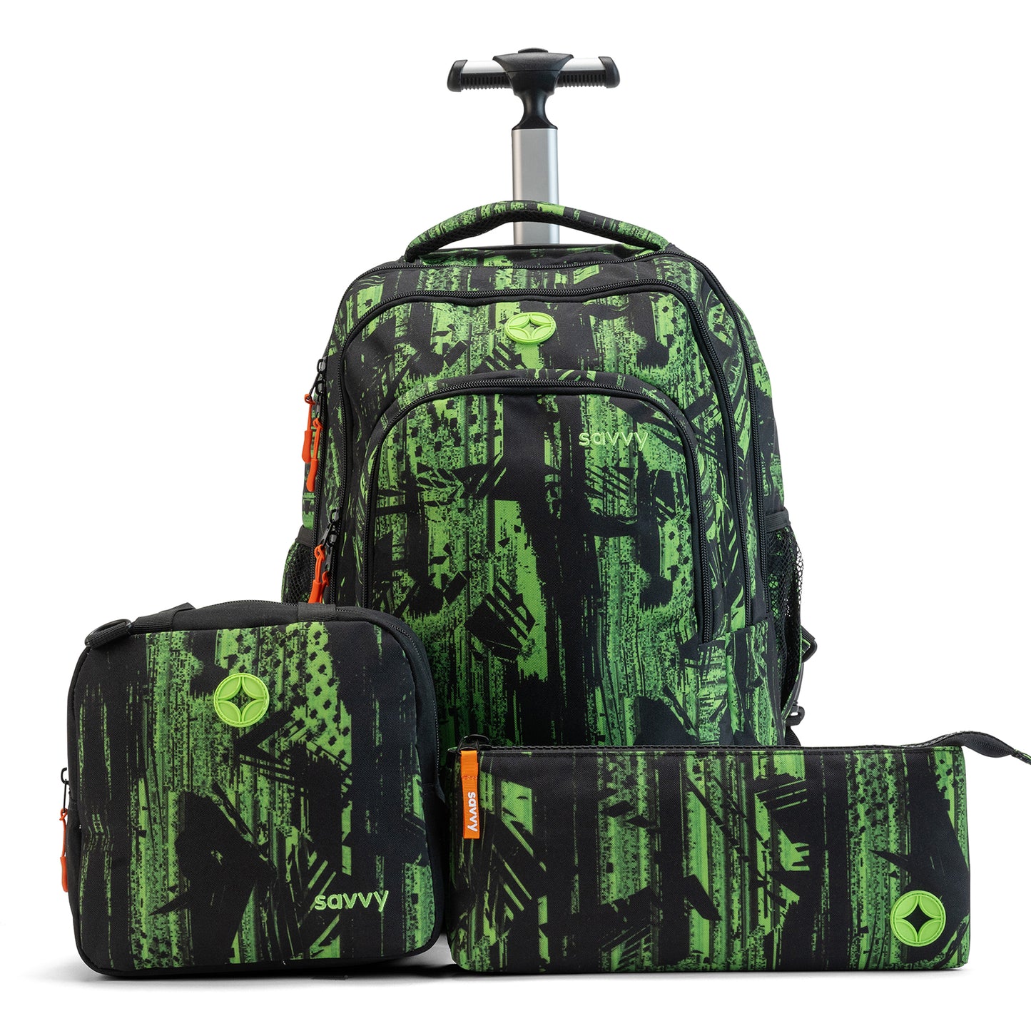 A coordinated set—green/black school bag with wheels plus matching lunch bag and pencil case with orange zips.