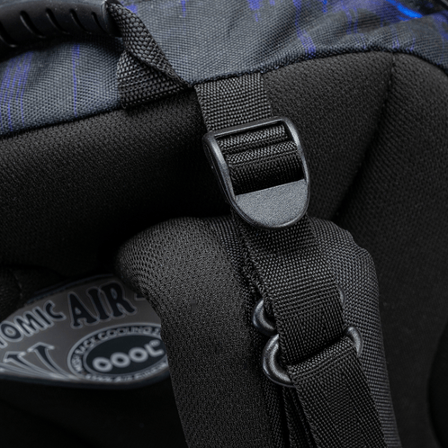 A close-up of a black bag strap adjuster and D-ring on a Savvy School bag with dark blue patterned fabric.
