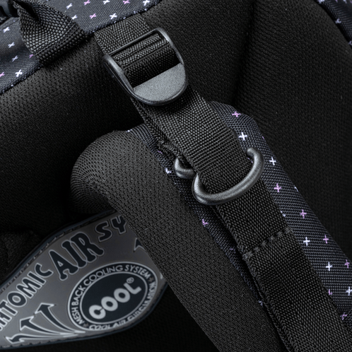 A close-up of a Totem black school backpack showing padded shoulder straps, a D-ring attachment and a back cooling panel.