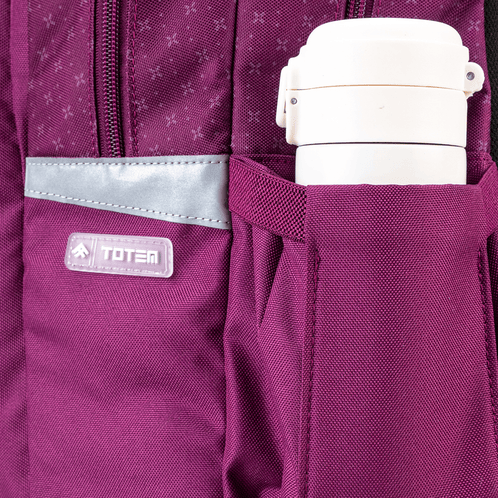 The close-up view of a Totem trolley school bag showing the side pocket holding a white water bottle.