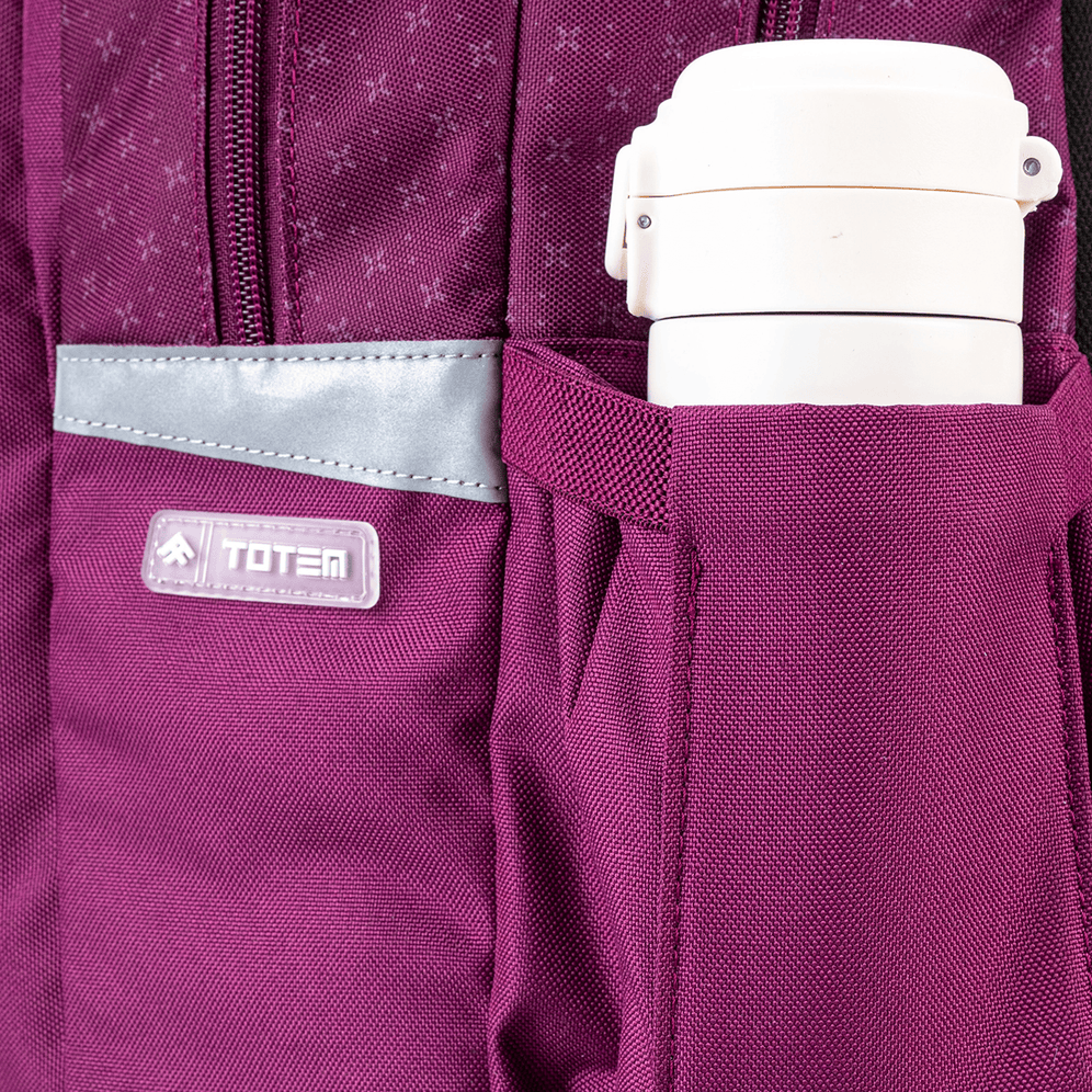 The close-up view of a Totem trolley school bag showing the side pocket holding a white water bottle.