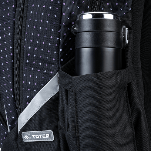A close-up of the Totem black orthopaedic school backpack showing the elastic side pocket holding a black water bottle.