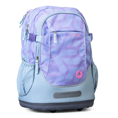 A purple and blue geometric-print savvy school backpack featuring a front zip pocket and adjustable side compression straps.
