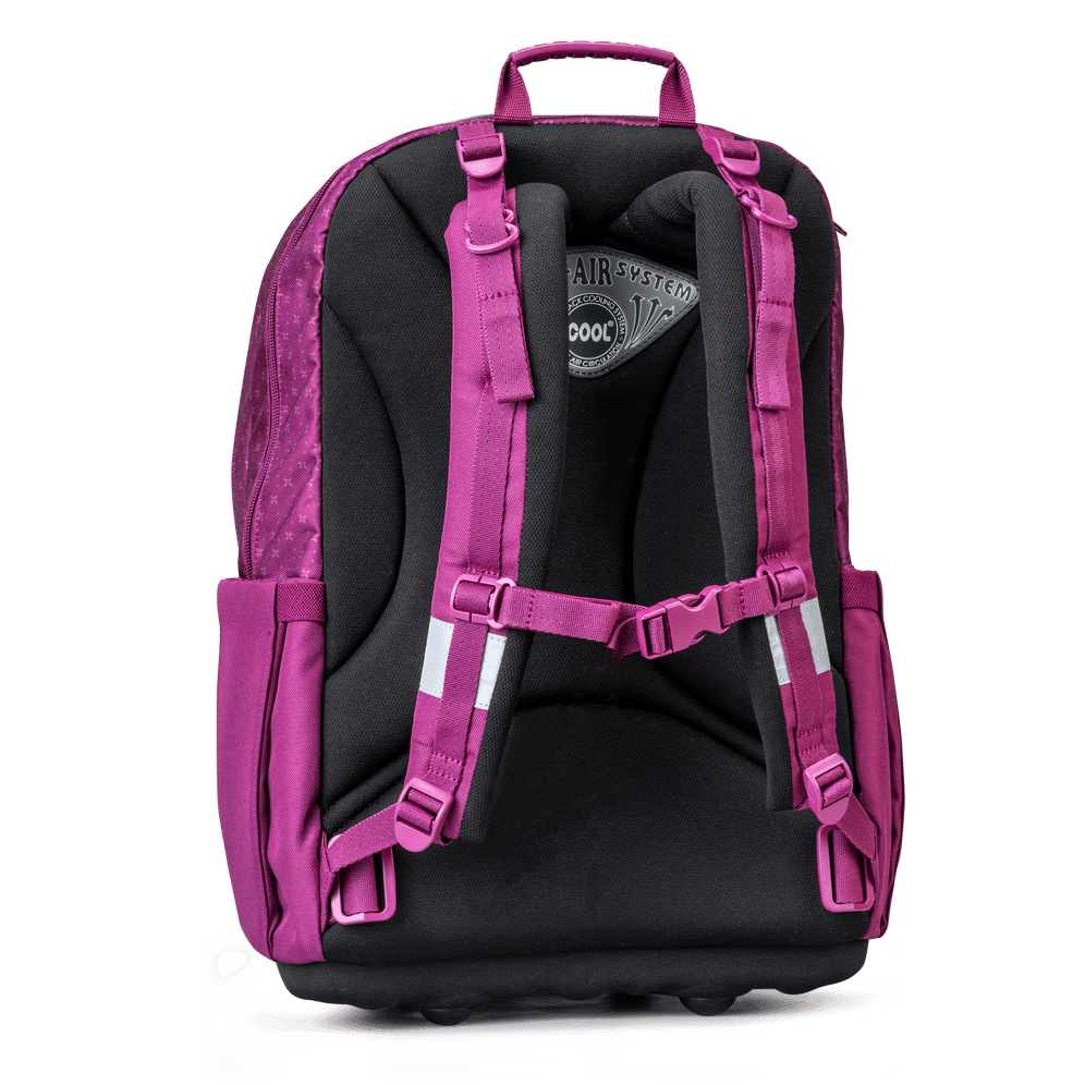 The rear view of a purple Totem ergonomic school backpack with padded straps and reflective safety strips.