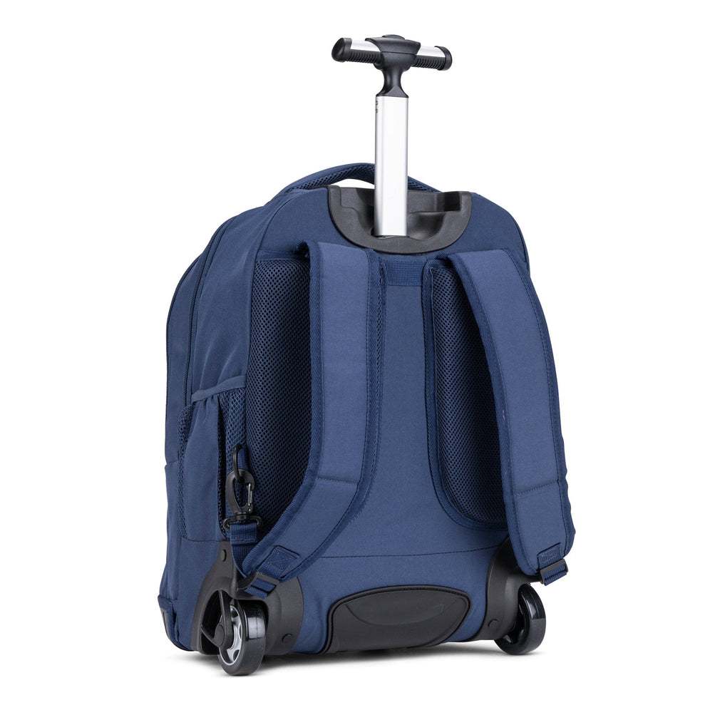 A rear three-quarter view of the navy Savvy trolley school bag showing padded shoulder straps and a telescopic handle.