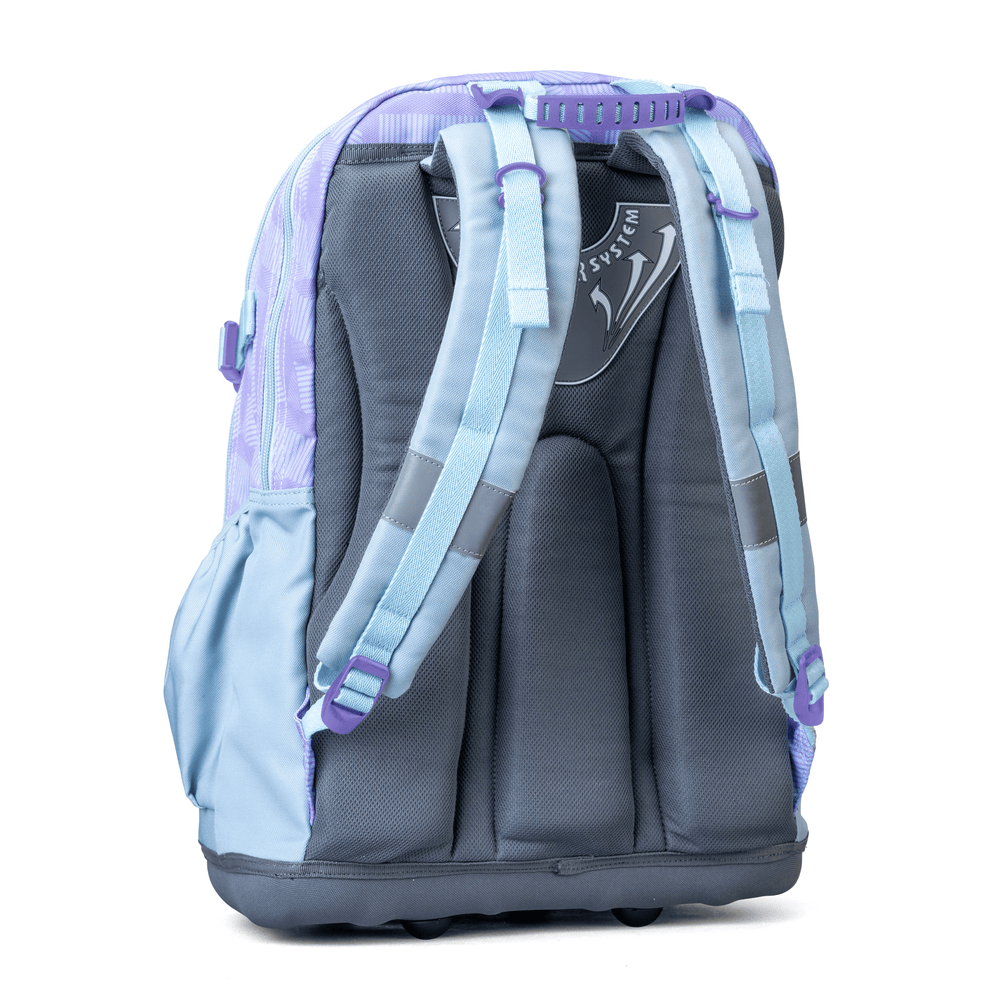 An ergonomic airflow back panel on a purple-blue geometric-print savvy school bag with padded shoulder straps.