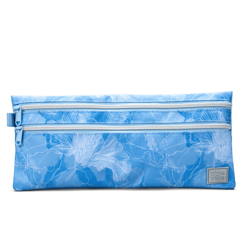 Front view of a Totem pencil case in bright blue with a white floral line pattern, featuring two horizontal zip compartments.