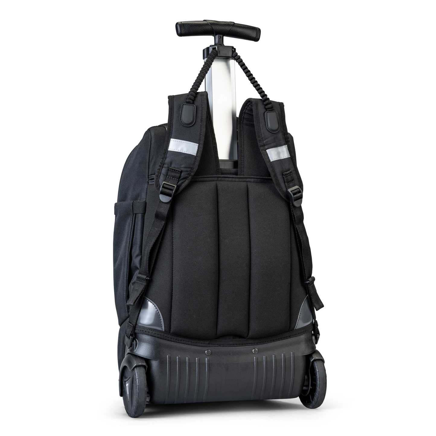 A back view of a black school trolley bag with wheels and a handle that also has shoulder holders so that you can carry it on your back.