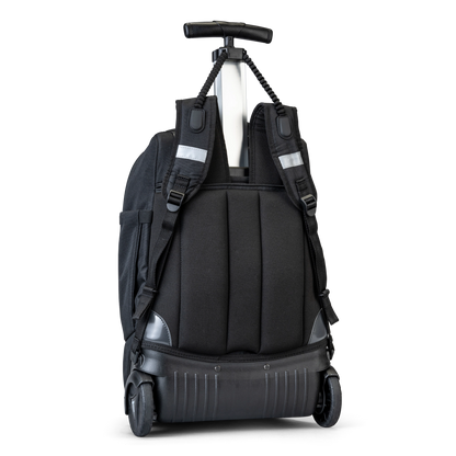 A back view of a black school trolley bag with wheels and a handle that also has shoulder holders so that you can carry it on your back.