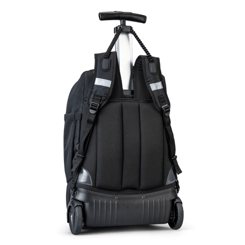 A back view of a black school trolley bag with wheels and a handle that also has shoulder holders so that you can carry it on your back.
