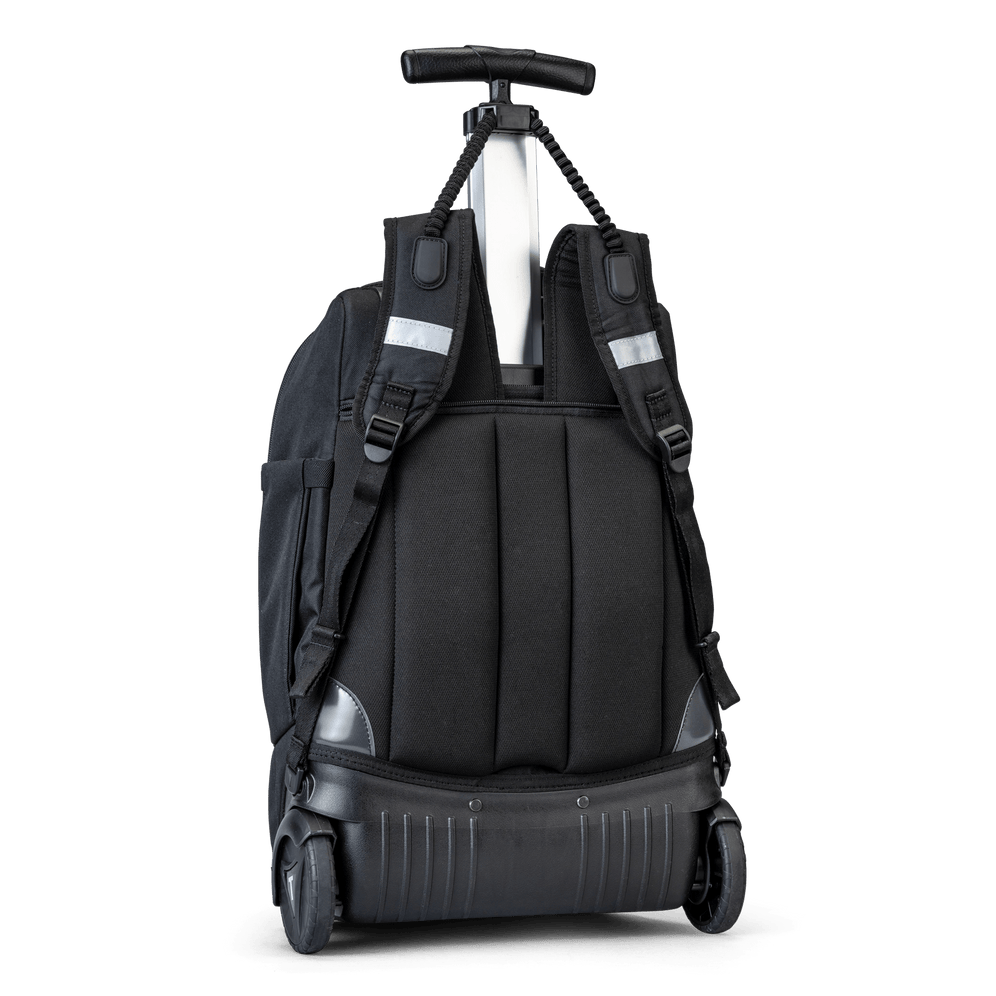 A back view of a black school trolley bag with wheels and a handle that also has shoulder holders so that you can carry it on your back.