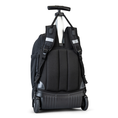 A back view of a black school trolley bag with wheels and a handle that also has shoulder holders so that you can carry it on your back.