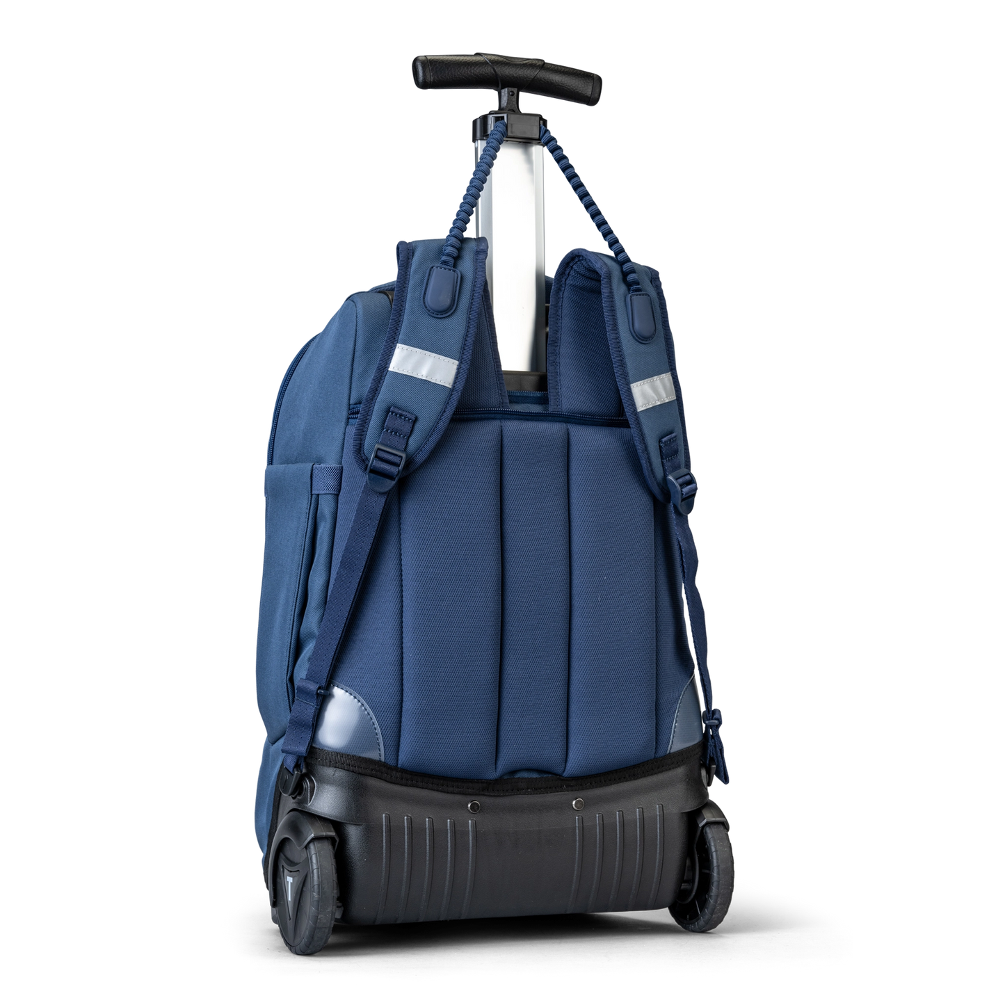 A back view of a Navy trolley bag with wheels and a handle that also has shoulder holders so that you can carry it on your back.