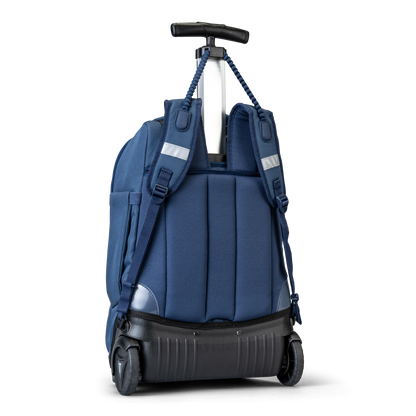 A back view of a Navy trolley bag with wheels and a handle that also has shoulder holders so that you can carry it on your back.