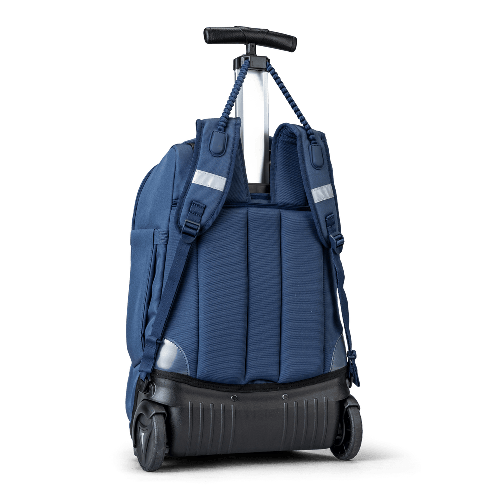 A back view of a Navy trolley bag with wheels and a handle that also has shoulder holders so that you can carry it on your back.