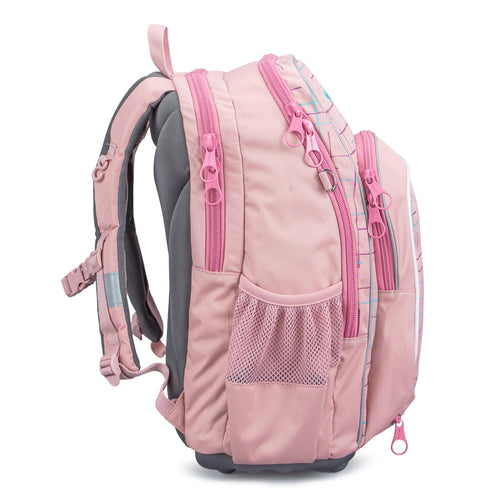 A side profile of the pink Totem school bag, highlighting its multiple zippered compartments and padded shoulder straps.