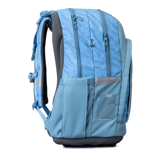 A side view of a light blue Totem wheeled school backpack with subtle graphic print, padded straps, and elastic side pockets.