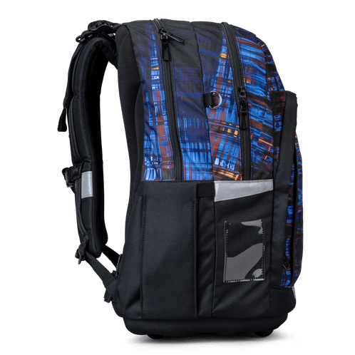 Side view of a Totem school backpack, with blue graphic panels, a side pocket and reflective tabs.