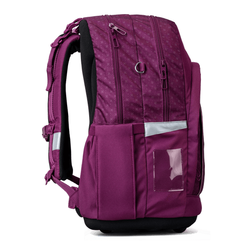 A side view of the purple Totem school bag with zip compartments, side pocket and reflective safety strip.