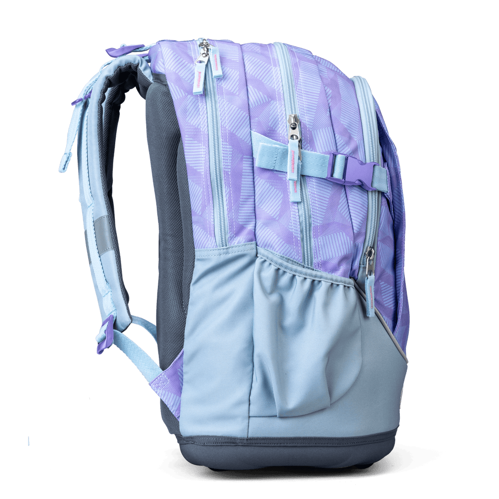 A side profile of a purple-blue geometric-print savvy school backpack showing three zippered compartments.